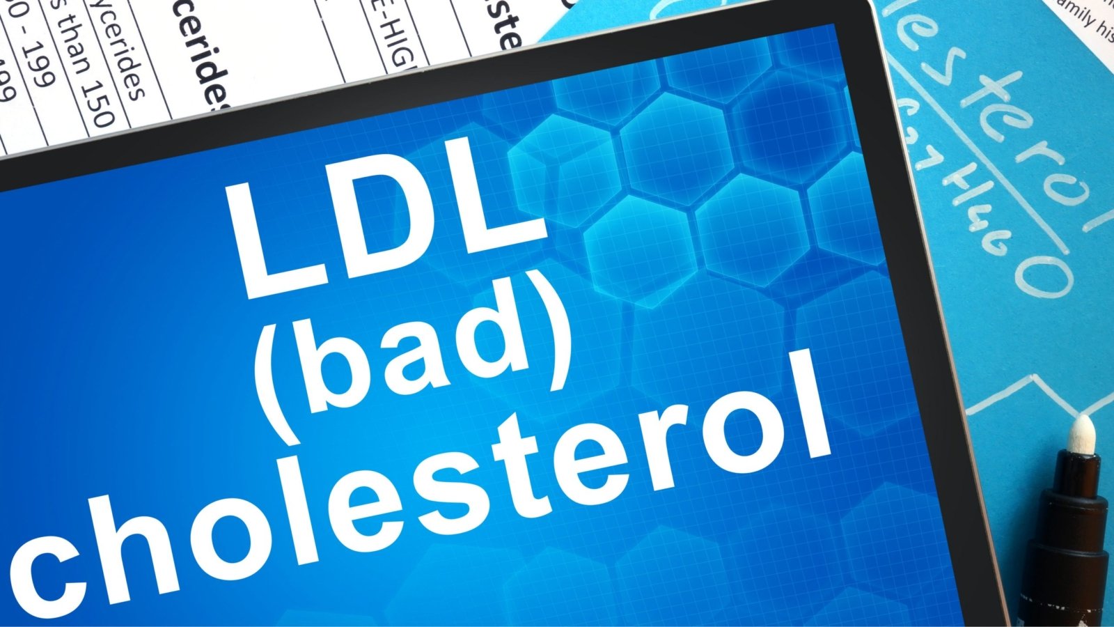 An graphic showing LDL cholesterol along with a report in the background.